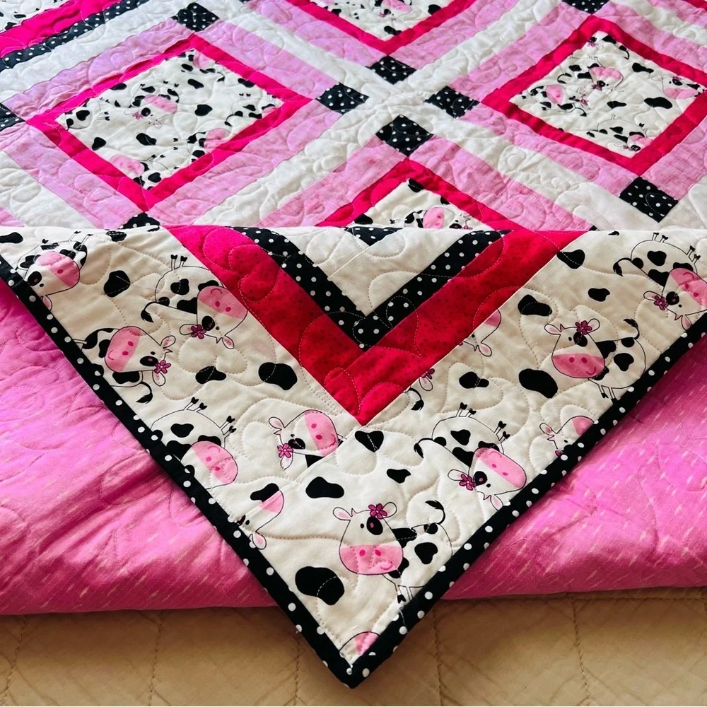 Happy Cows Handmade Quilt 46x62 Pink Black White Cotton Patchwork 🐮💗